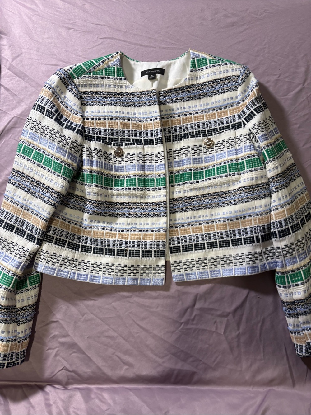 Ann Taylor Cropped Textured Stripe Jacket in White, Green & Beige